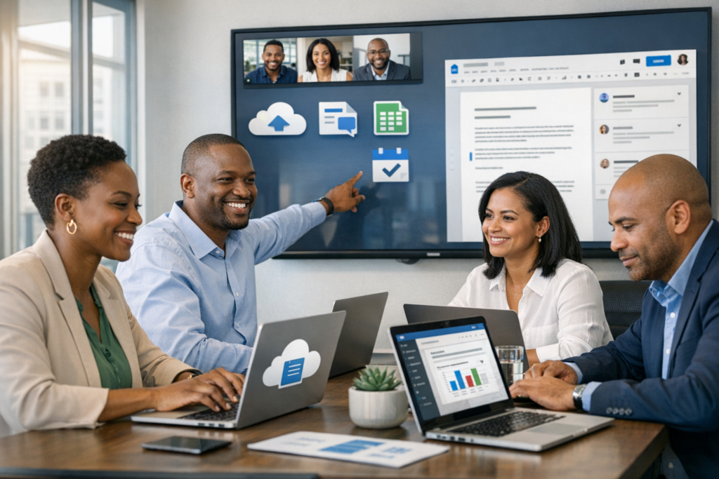 South African business team collaborating using laptops